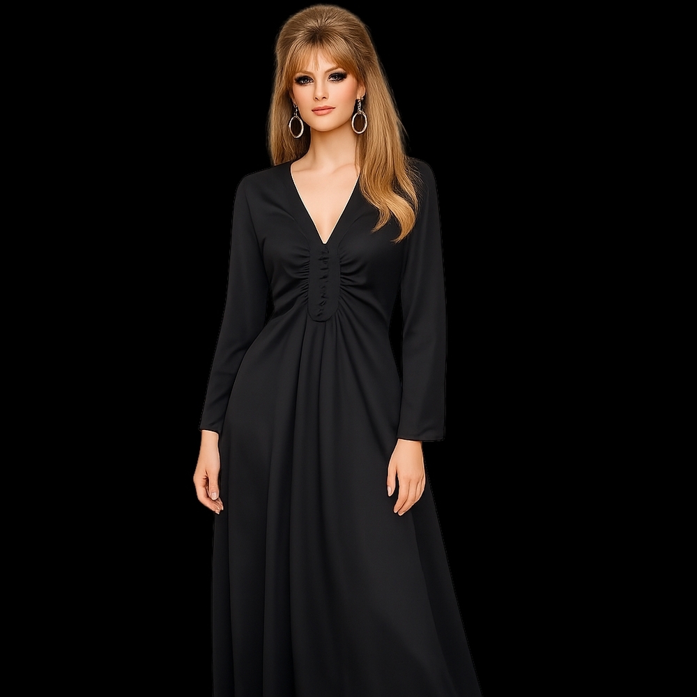 Vtg 70s-80s MISS-TIQUE Black V-neck Long Sleeve Witchycore Adam's Family Maxi